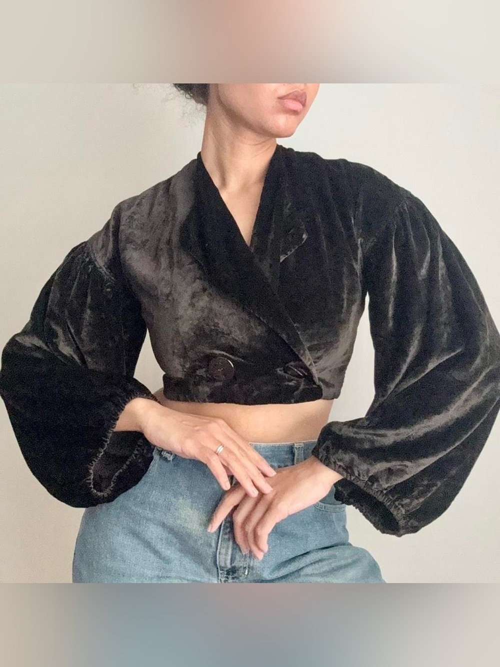 Antique Chocolate Brown Cropped Blouse Balloon Sleeve Edwardian Silk Velvet